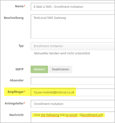 XenMobile Onboarding via Email to SMS Xm Template Field De